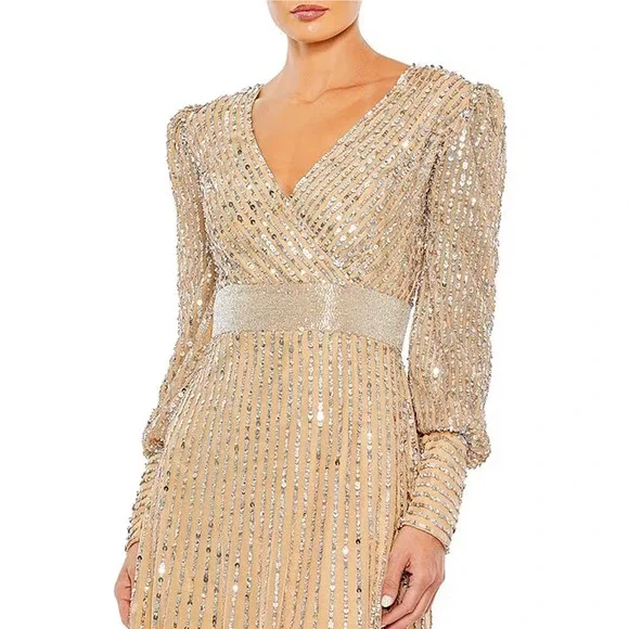 NEW Mac Duggal Vanilla Silver Wrap Bodice Long Bishop Sleeve Gown Size 10 $598